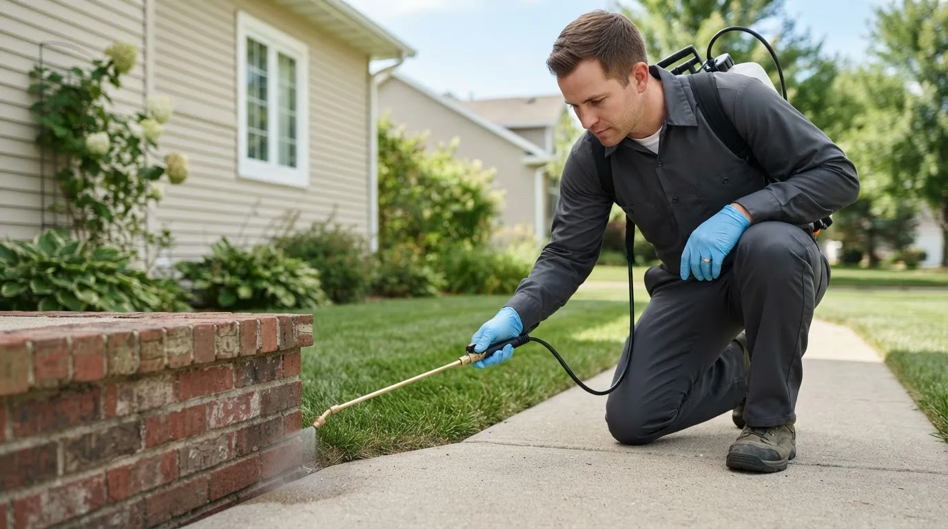 Pest control technician treating a home near West Columbia, WV